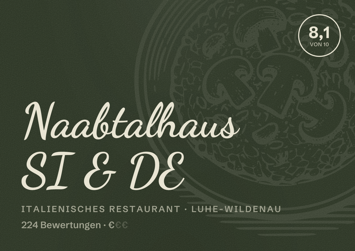 Illustriertes Poster von Naabtalhaus SI & DE, Italienisches Restaurant in Luhe-Wildenau: Bewertung 8,1 von 10 aus 224 Bewertungen, Preisniveau €