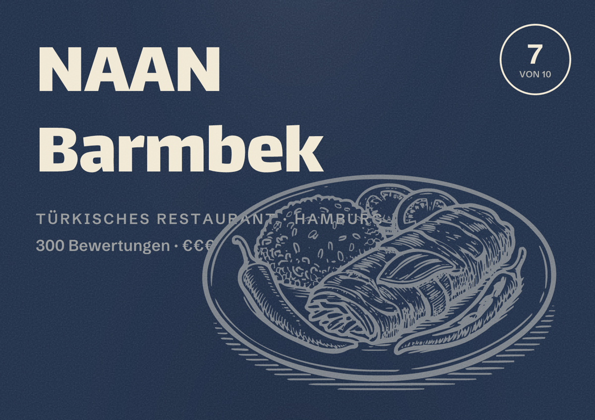 Illustriertes Poster von NAAN Barmbek, Türkisches Restaurant in Hamburg: Bewertung 7,0 von 10 aus 300 Bewertungen, Preisniveau €€€