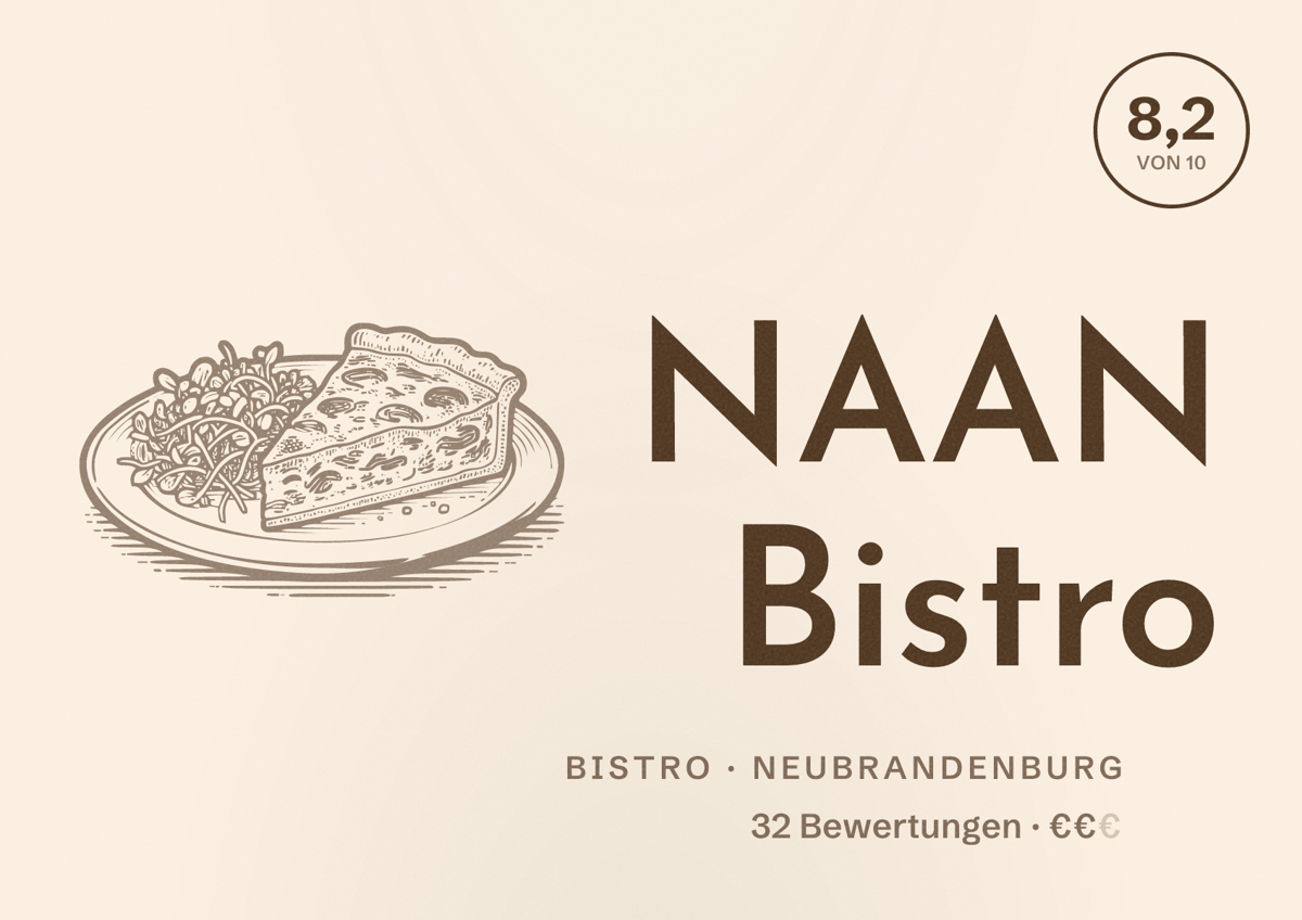 Illustriertes Poster von NAAN Bistro, Bistro in Neubrandenburg: Bewertung 8,2 von 10 aus 32 Bewertungen, Preisniveau €€