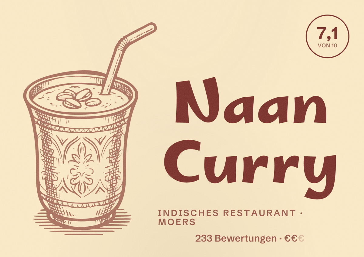 Illustriertes Poster von Naan Curry, Indisches Restaurant in Moers: Bewertung 7,1 von 10 aus 233 Bewertungen, Preisniveau €€