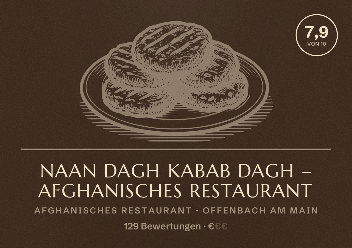 Illustriertes Poster von NAAN DAGH KABAB DAGH – Afghanisches Restaurant, Afghanisches Restaurant in Offenbach am Main: Bewertung 7,9 von 10 aus 129 Bewertungen, Preisniveau €