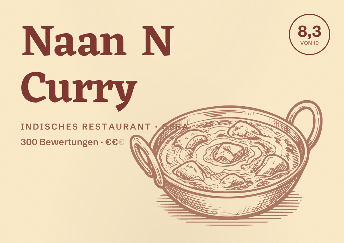 Illustriertes Poster von Naan N Curry, Indisches Restaurant in Gera: Bewertung 8,3 von 10 aus 300 Bewertungen, Preisniveau €€