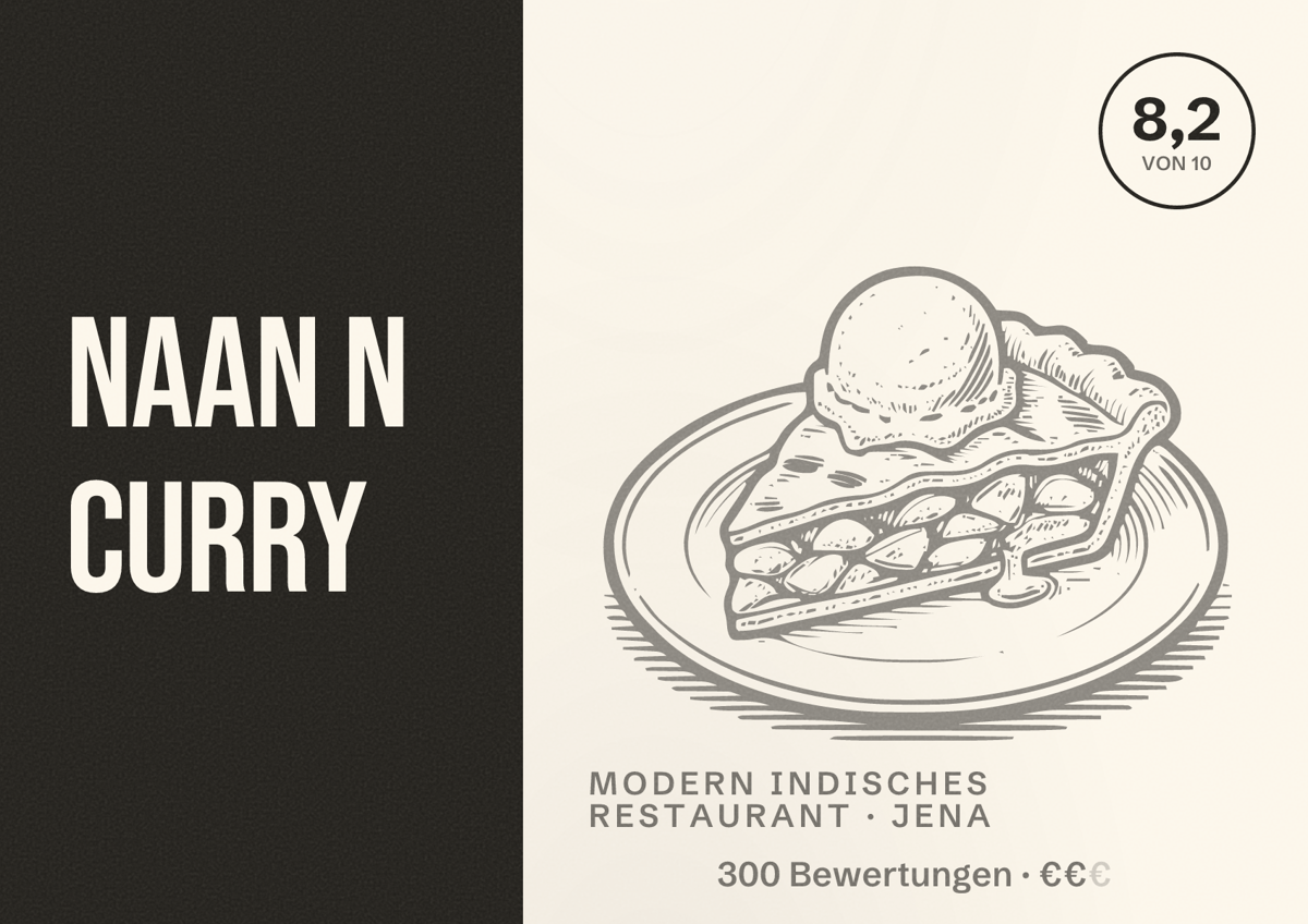 Illustriertes Poster von Naan N Curry, Modern indisches Restaurant in Jena: Bewertung 8,2 von 10 aus 300 Bewertungen, Preisniveau €€