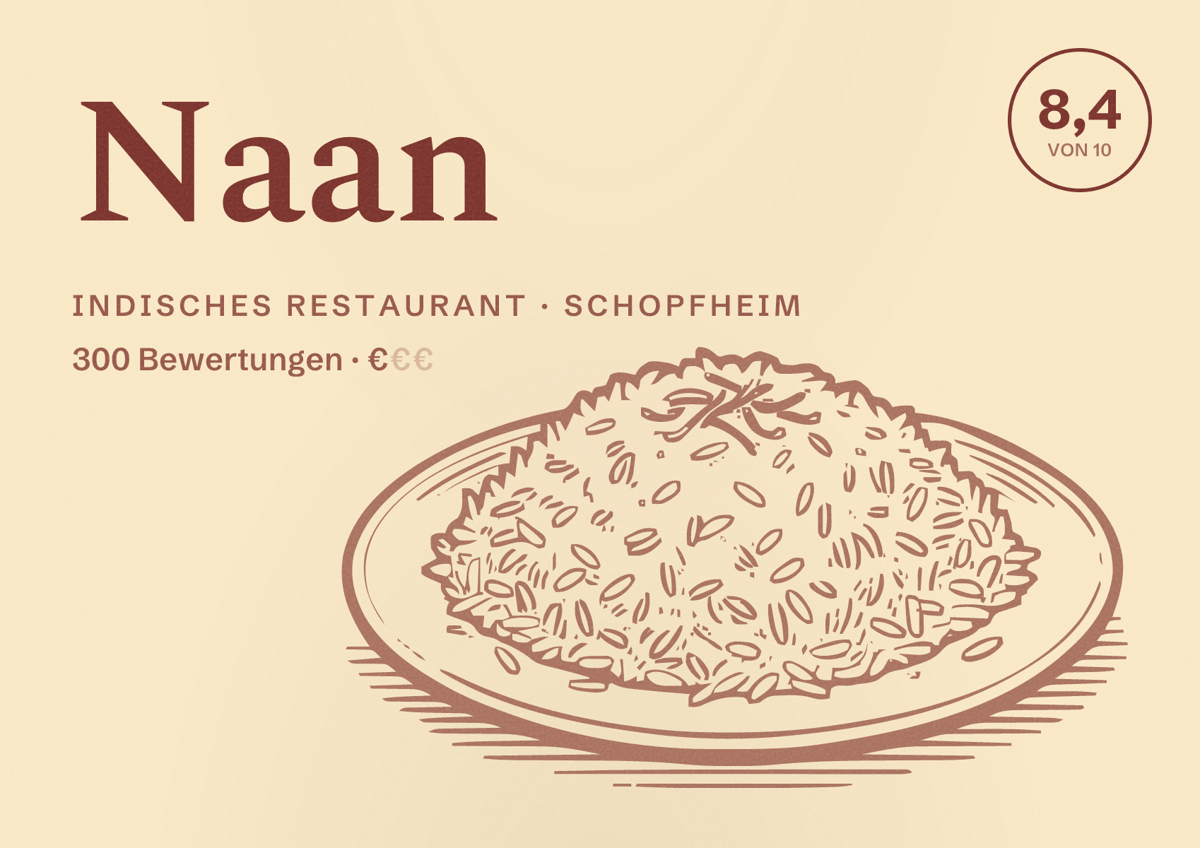 Illustriertes Poster von Naan, Indisches Restaurant in Schopfheim: Bewertung 8,4 von 10 aus 300 Bewertungen, Preisniveau €