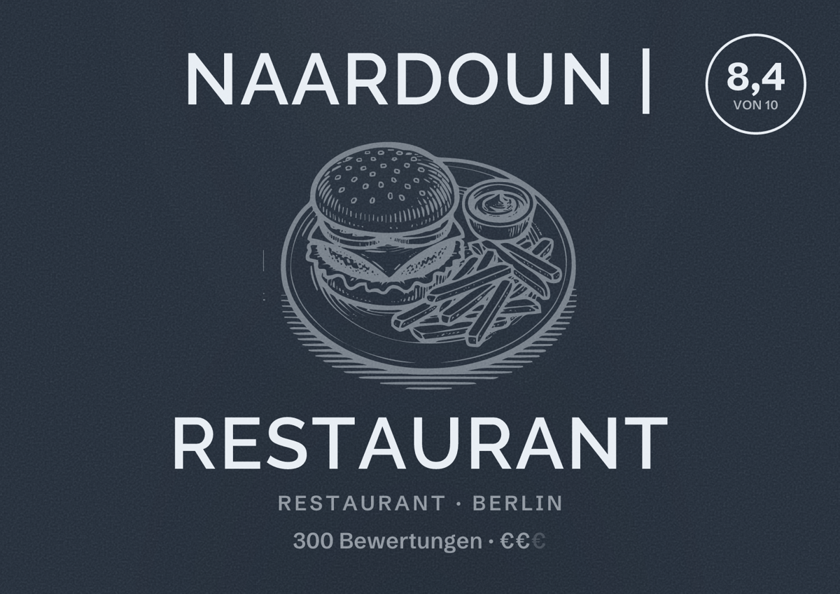 Illustriertes Poster von Naardoun | Restaurant, Restaurant in Berlin: Bewertung 8,4 von 10 aus 300 Bewertungen, Preisniveau €€