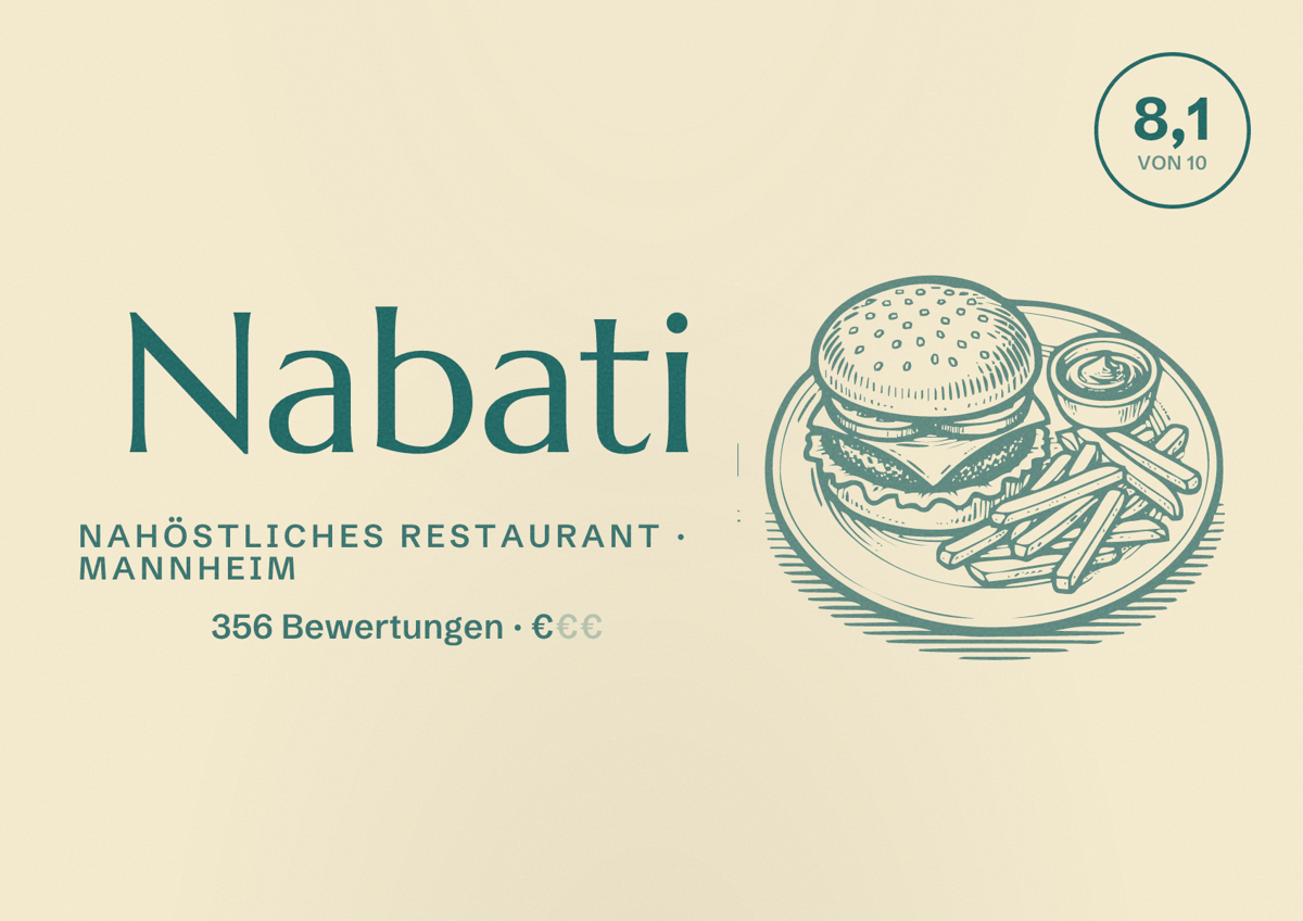 Illustriertes Poster von Nabati, Nahöstliches Restaurant in Mannheim: Bewertung 8,1 von 10 aus 356 Bewertungen, Preisniveau €