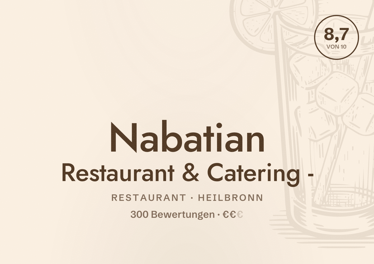 Illustriertes Poster von Nabatian Restaurant & Catering -, Restaurant in Heilbronn: Bewertung 8,7 von 10 aus 300 Bewertungen, Preisniveau €€