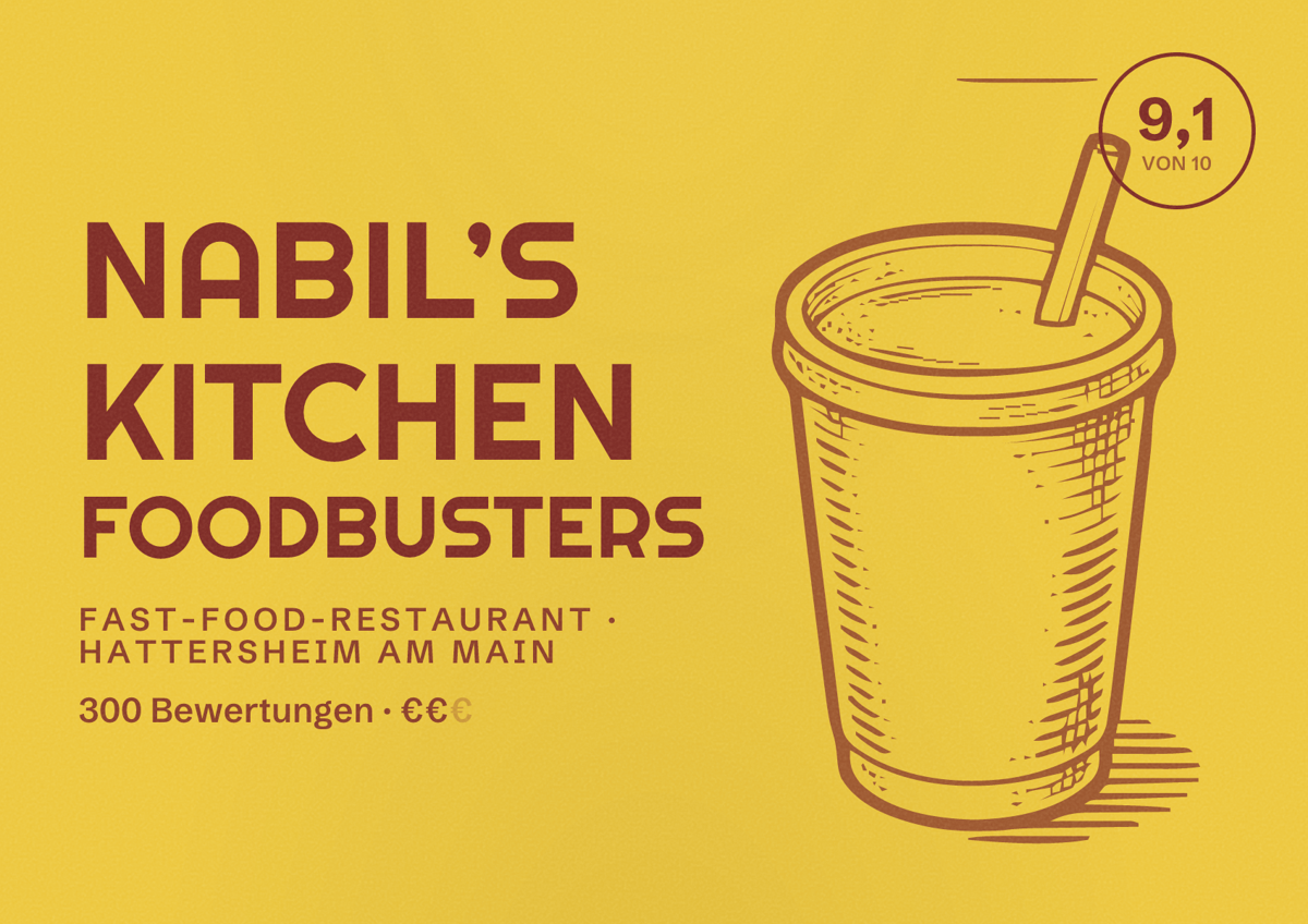 Illustriertes Poster von Nabil’s kitchen FoodBusters, Fast-Food-Restaurant in Hattersheim am Main: Bewertung 9,1 von 10 aus 300 Bewertungen, Preisniveau €€