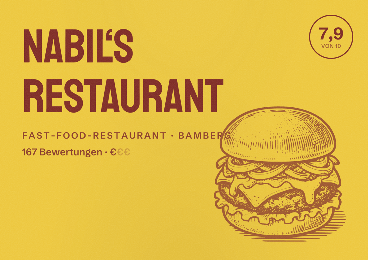 Illustriertes Poster von Nabil‘s Restaurant, Fast-Food-Restaurant in Bamberg: Bewertung 7,9 von 10 aus 167 Bewertungen, Preisniveau €