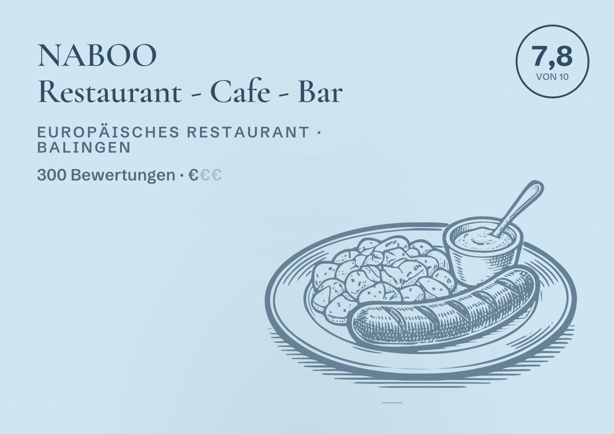 Illustriertes Poster von NABOO Restaurant - Cafe - Bar, Europäisches Restaurant in Balingen: Bewertung 7,8 von 10 aus 300 Bewertungen, Preisniveau €