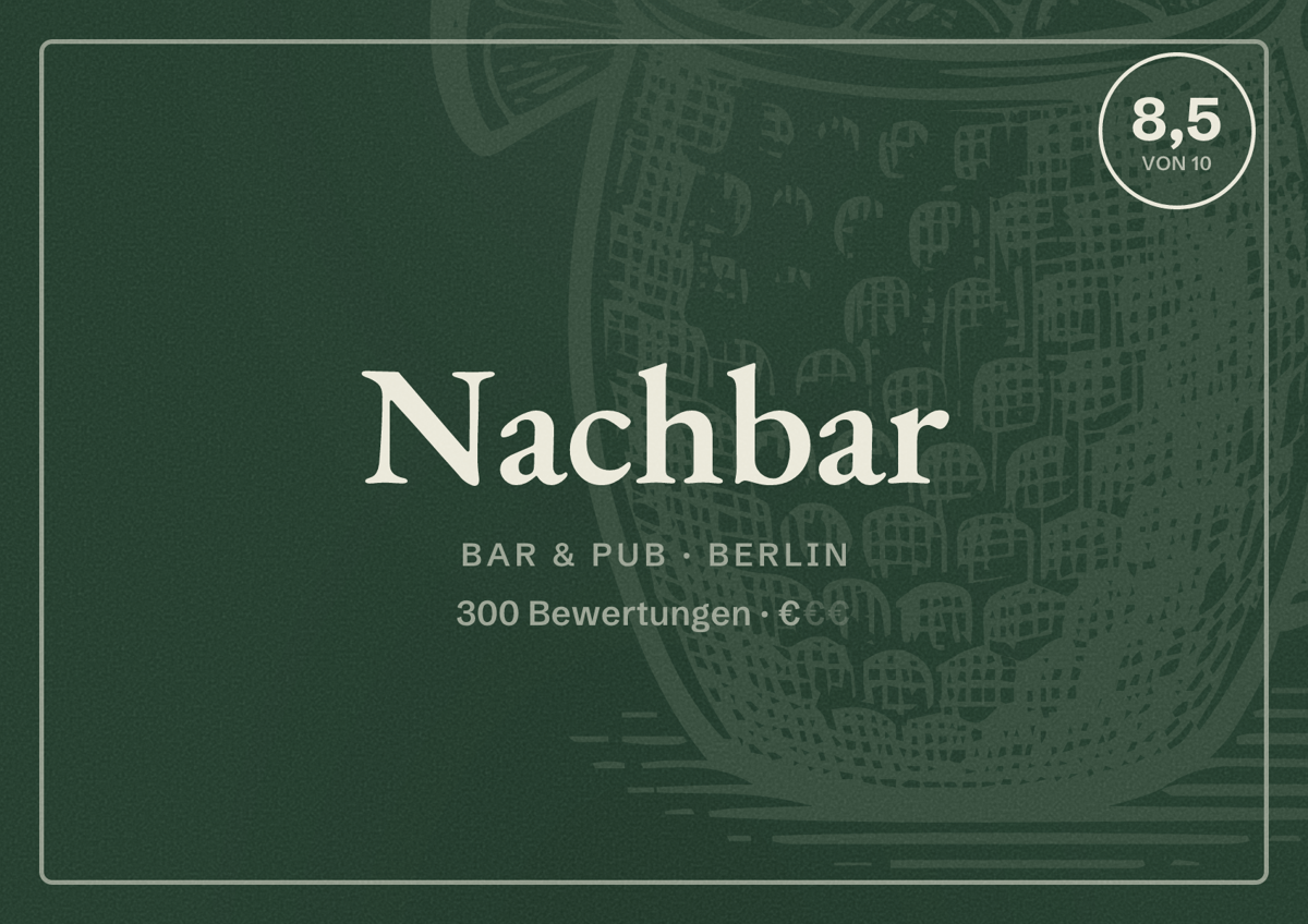 Illustriertes Poster von Nachbar, Bar & Pub in Berlin: Bewertung 8,5 von 10 aus 300 Bewertungen, Preisniveau €