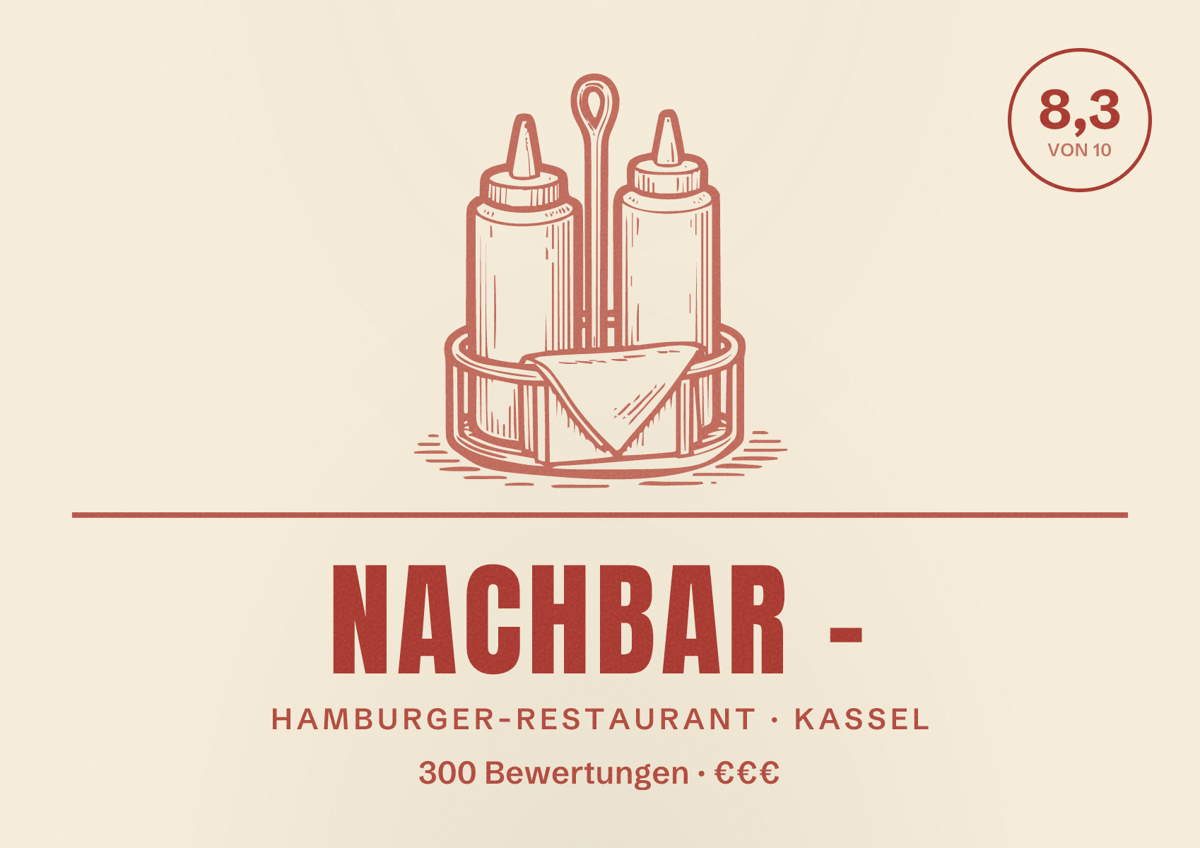 Illustriertes Poster von NACHBAR -, Hamburger-Restaurant in Kassel: Bewertung 8,3 von 10 aus 300 Bewertungen, Preisniveau €€€