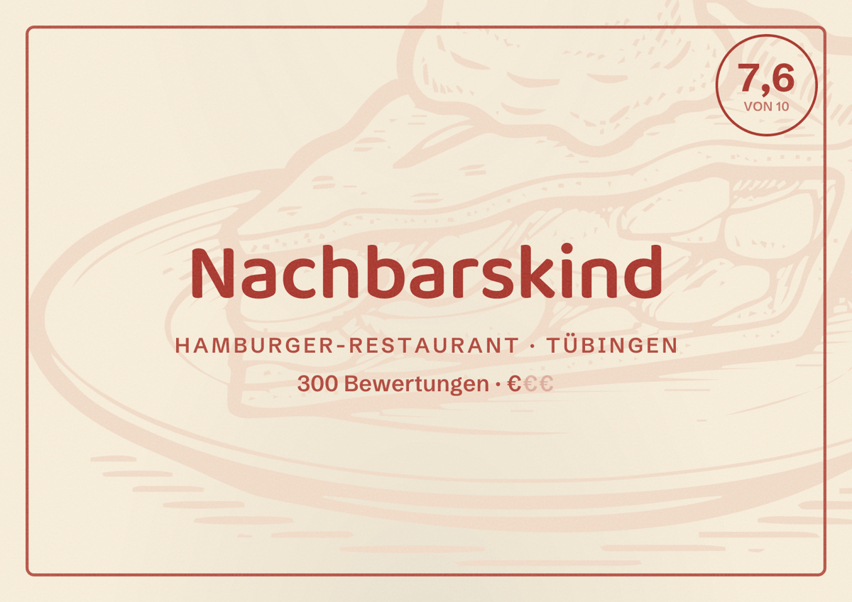 Illustriertes Poster von Nachbarskind, Hamburger-Restaurant in Tübingen: Bewertung 7,6 von 10 aus 300 Bewertungen, Preisniveau €