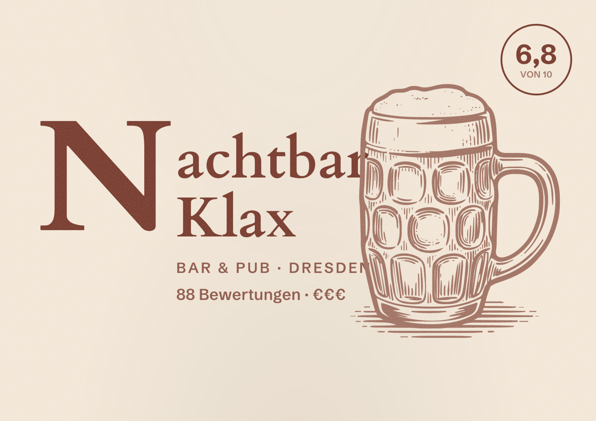 Illustriertes Poster von Nachtbar Klax, Bar & Pub in Dresden: Bewertung 6,8 von 10 aus 88 Bewertungen, Preisniveau €€€