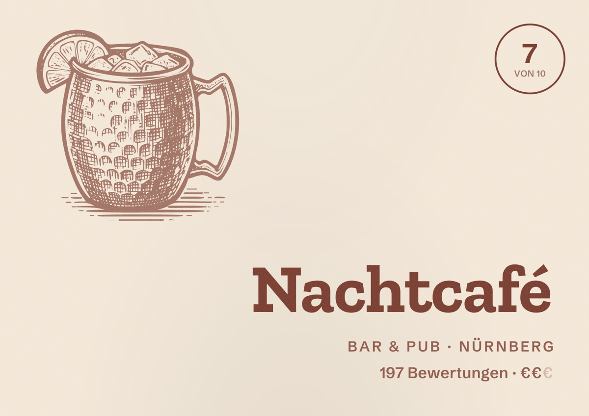 Illustriertes Poster von Nachtcafé, Bar & Pub in Nürnberg: Bewertung 7,0 von 10 aus 197 Bewertungen, Preisniveau €€
