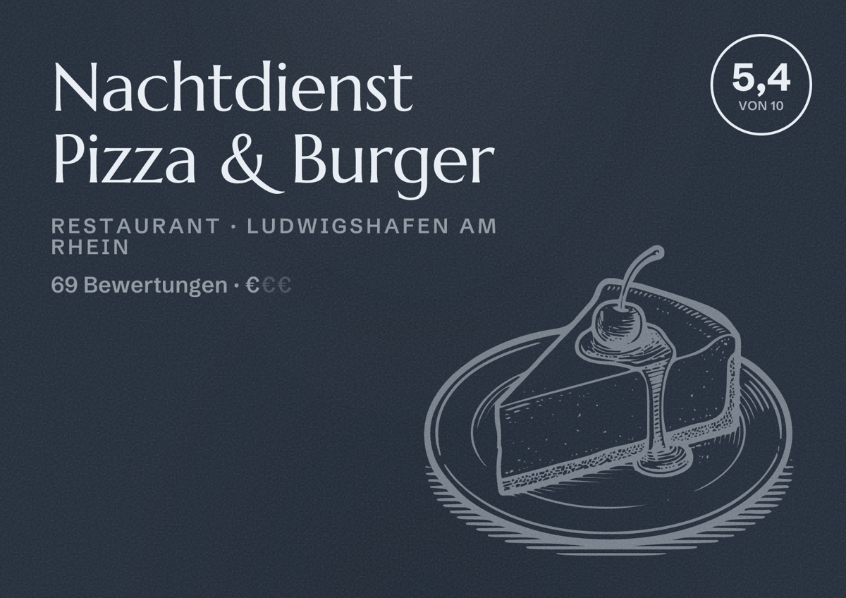 Illustriertes Poster von Nachtdienst Pizza & Burger, Restaurant in Ludwigshafen am Rhein: Bewertung 5,4 von 10 aus 69 Bewertungen, Preisniveau €