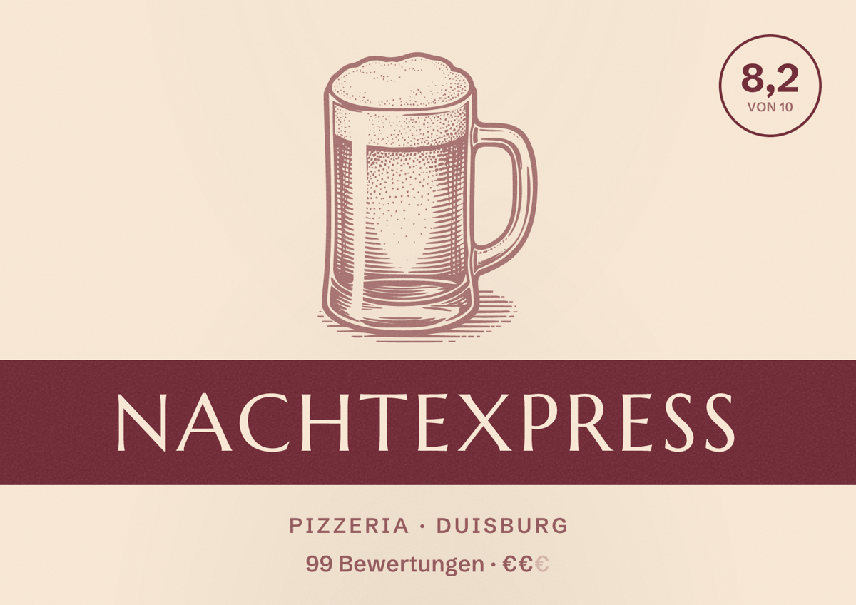 Illustriertes Poster von Nachtexpress, Pizzeria in Duisburg: Bewertung 8,2 von 10 aus 99 Bewertungen, Preisniveau €€