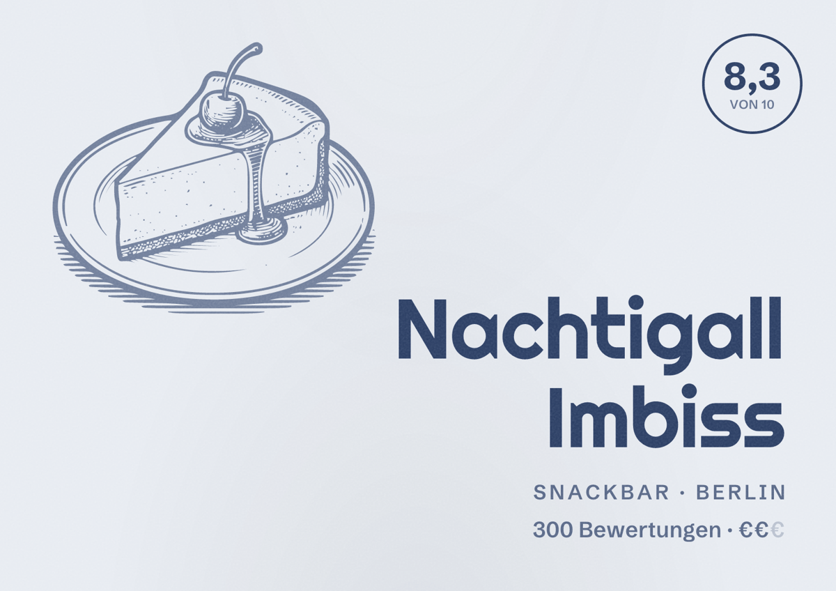 Illustriertes Poster von Nachtigall Imbiss, Snackbar in Berlin: Bewertung 8,3 von 10 aus 300 Bewertungen, Preisniveau €€