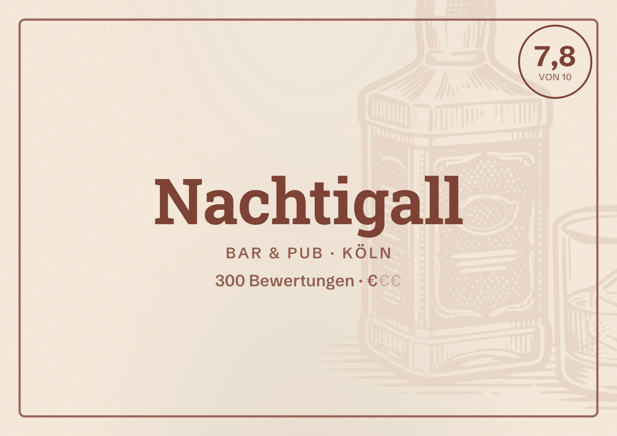 Illustriertes Poster von Nachtigall, Bar & Pub in Köln: Bewertung 7,8 von 10 aus 300 Bewertungen, Preisniveau €