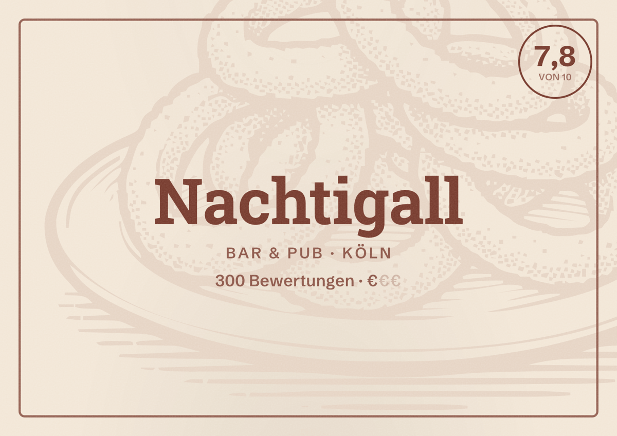 Illustriertes Poster von Nachtigall, Bar & Pub in Köln: Bewertung 7,8 von 10 aus 300 Bewertungen, Preisniveau €