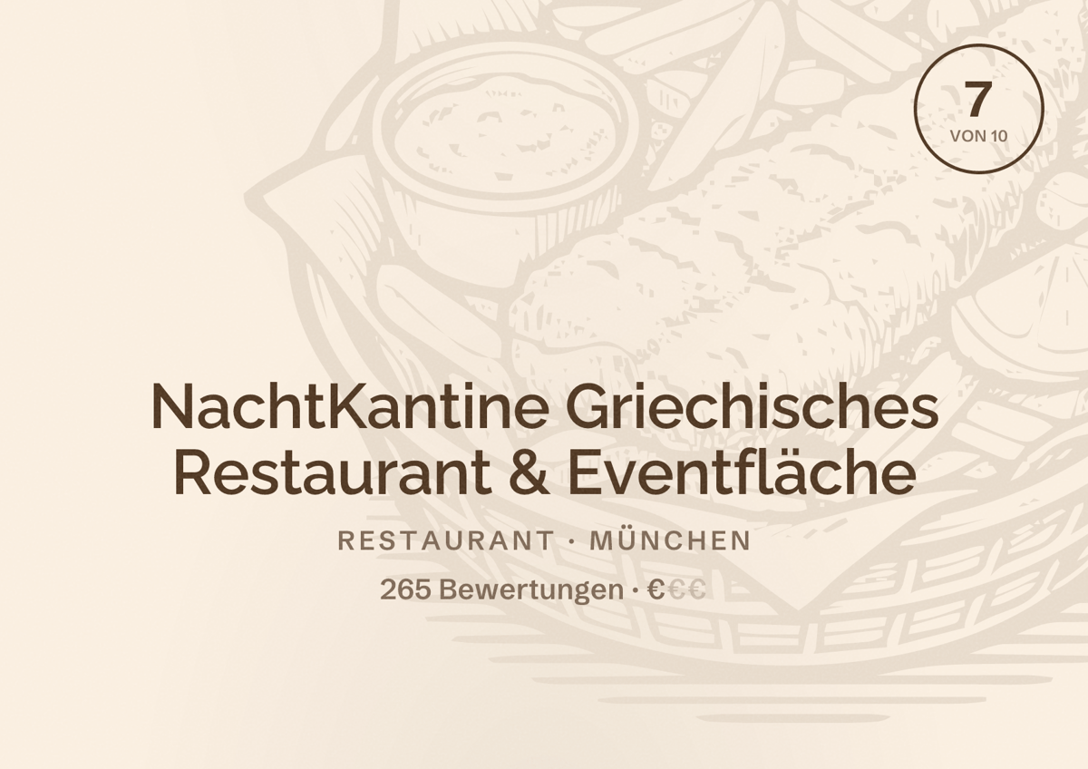 Illustriertes Poster von NachtKantine Griechisches Restaurant & Eventfläche, Restaurant in München: Bewertung 7 von 10 aus 265 Bewertungen, Preisniveau €