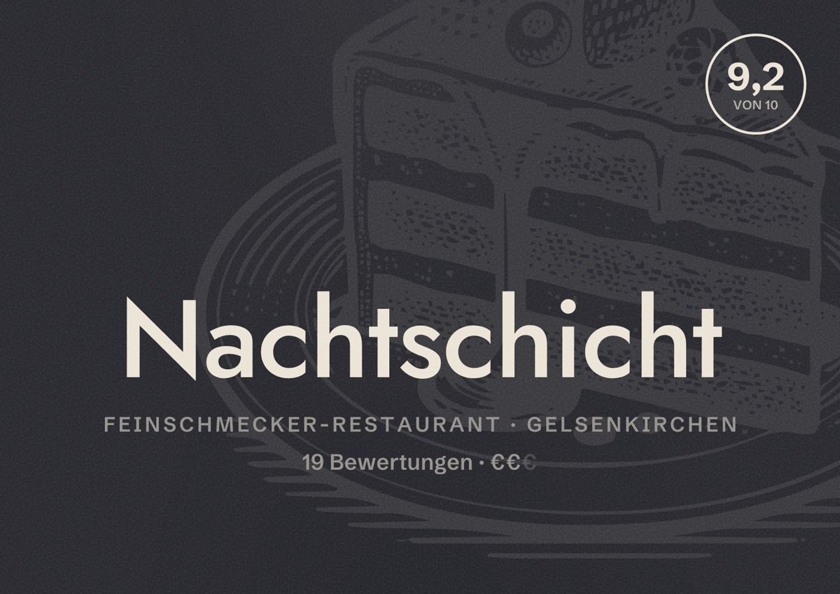Illustriertes Poster von Nachtschicht, Feinschmecker-Restaurant in Gelsenkirchen: Bewertung 9,2 von 10 aus 19 Bewertungen, Preisniveau €€