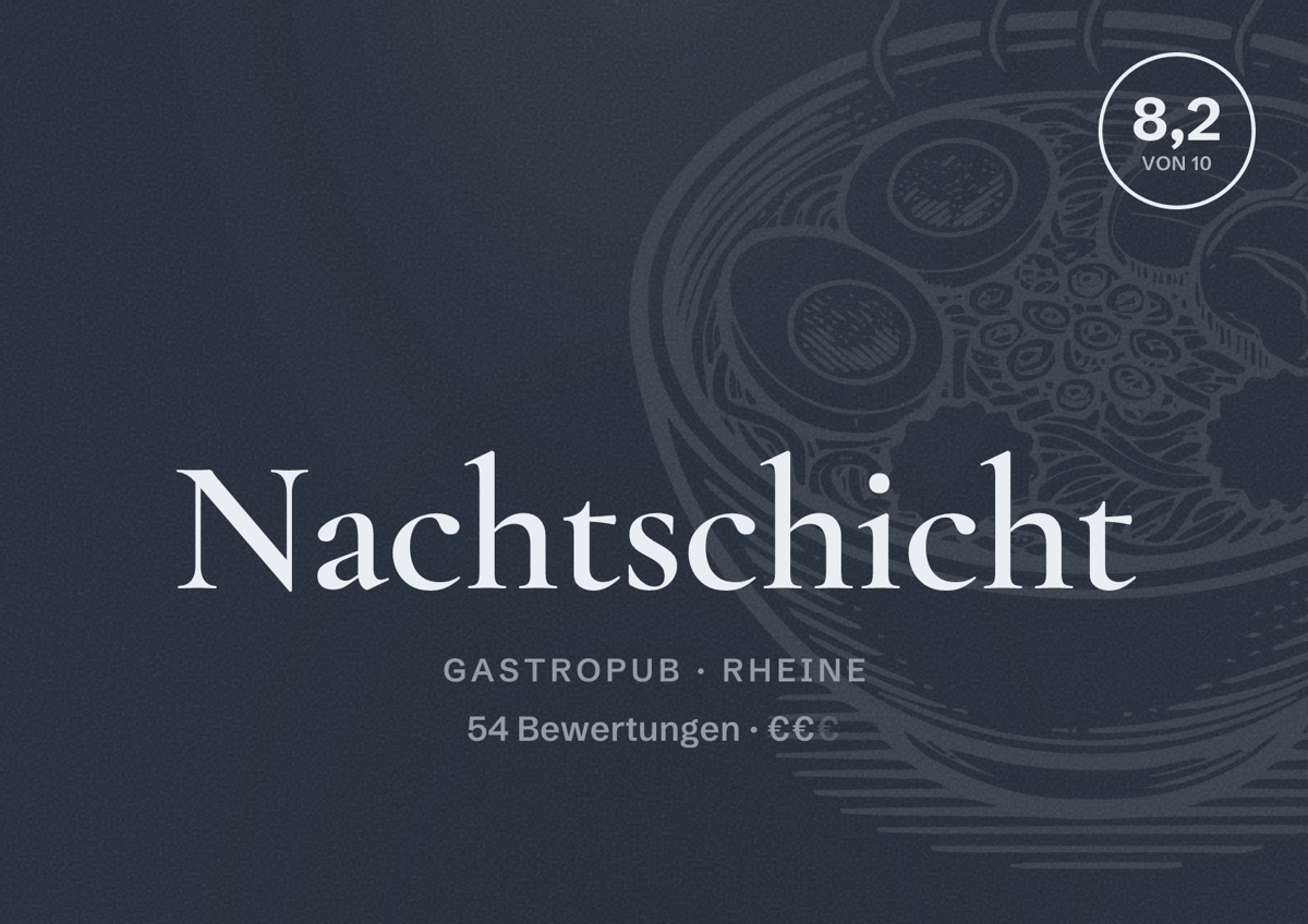 Illustriertes Poster von Nachtschicht, Gastropub in Rheine: Bewertung 8,2 von 10 aus 54 Bewertungen, Preisniveau €€