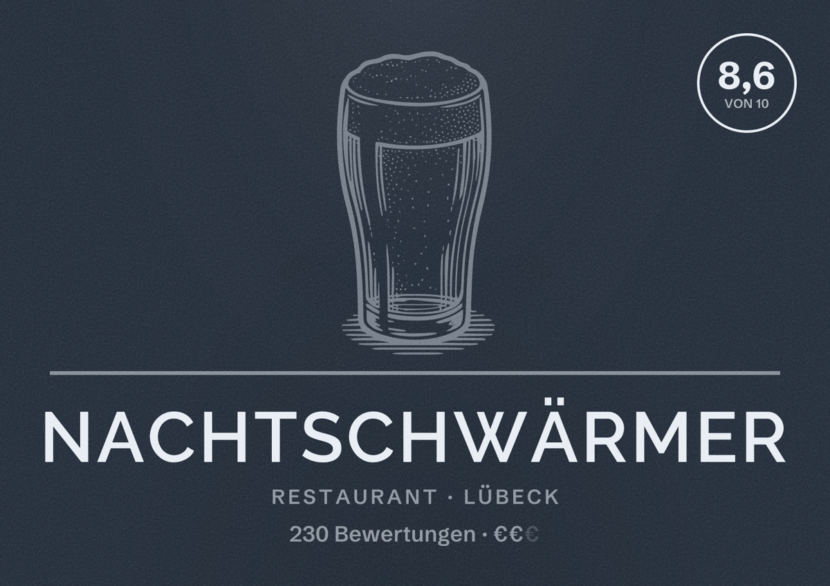 Illustriertes Poster von Nachtschwärmer, Restaurant in Lübeck: Bewertung 8,6 von 10 aus 230 Bewertungen, Preisniveau €€