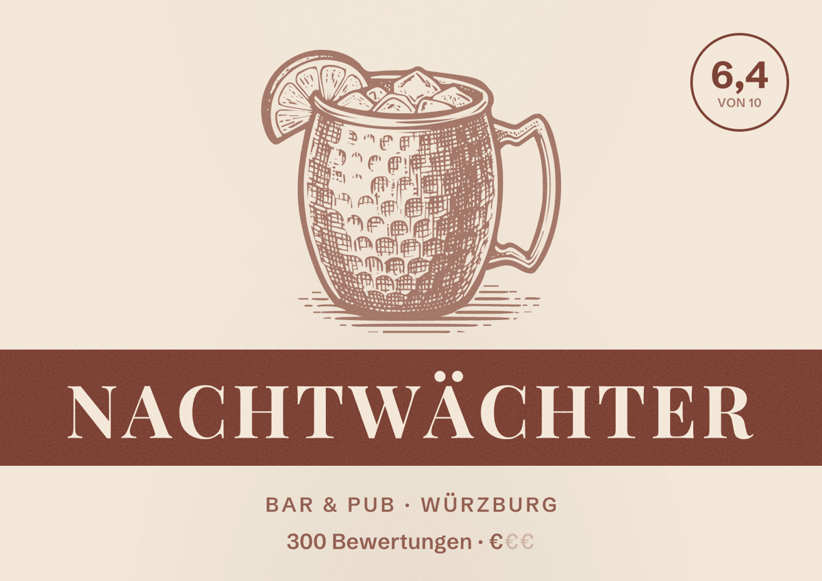 Illustriertes Poster von Nachtwächter, Bar & Pub in Würzburg: Bewertung 6,4 von 10 aus 300 Bewertungen, Preisniveau €