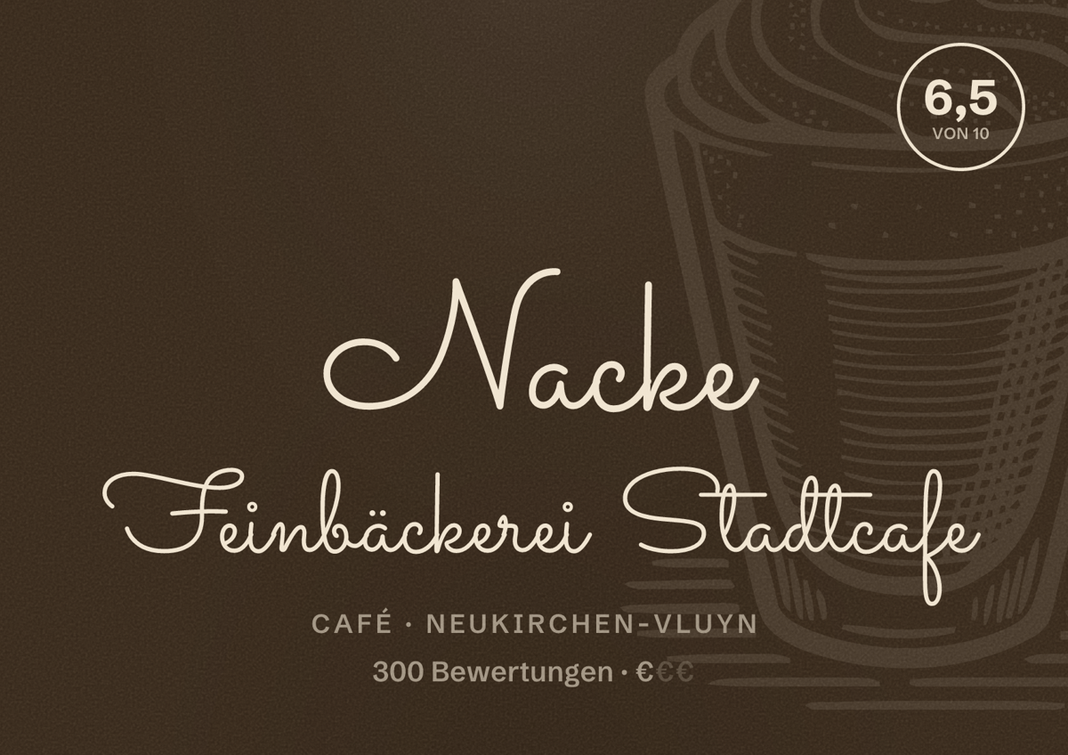 Illustriertes Poster von Nacke Feinbäckerei Stadtcafe, Café in Neukirchen-Vluyn: Bewertung 6,5 von 10 aus 300 Bewertungen, Preisniveau €