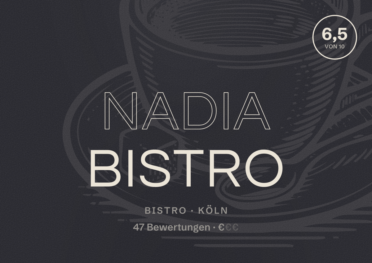 Illustriertes Poster von Nadia Bistro, Bistro in Köln: Bewertung 6,5 von 10 aus 47 Bewertungen, Preisniveau €