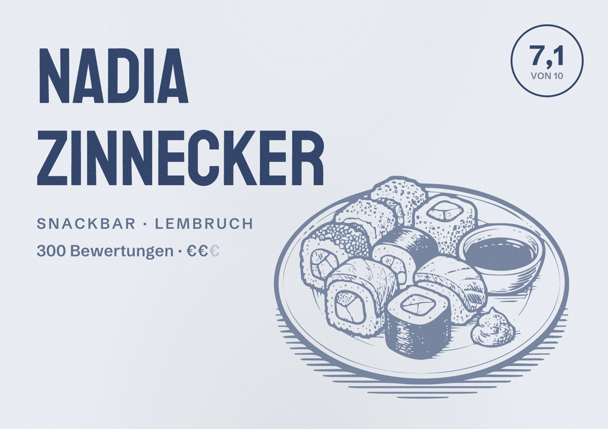 Illustriertes Poster von Nadia Zinnecker, Snackbar in Lembruch: Bewertung 7,1 von 10 aus 300 Bewertungen, Preisniveau €€