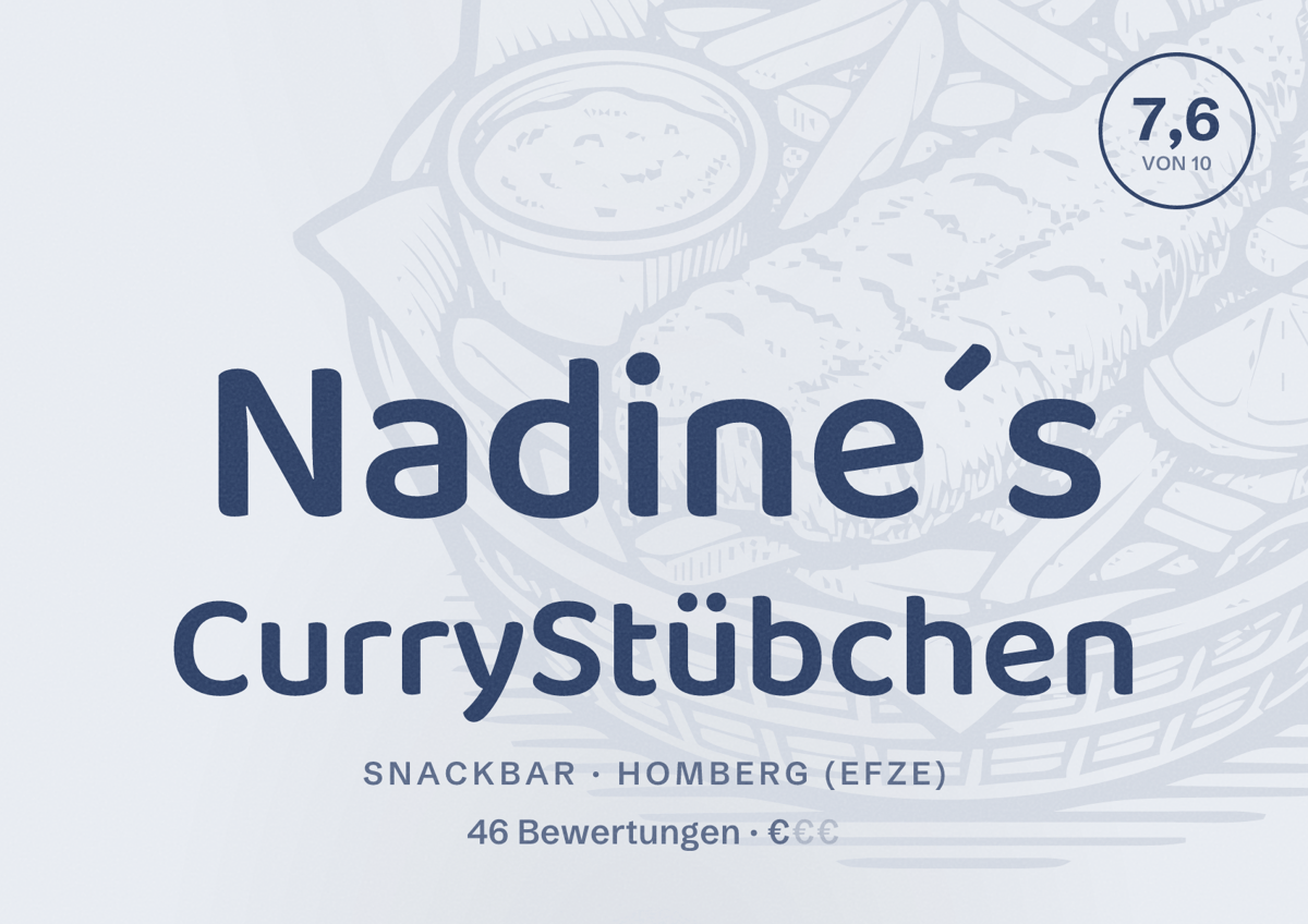 Illustriertes Poster von Nadine´s CurryStübchen, Snackbar in Homberg (Efze): Bewertung 7,6 von 10 aus 46 Bewertungen, Preisniveau €
