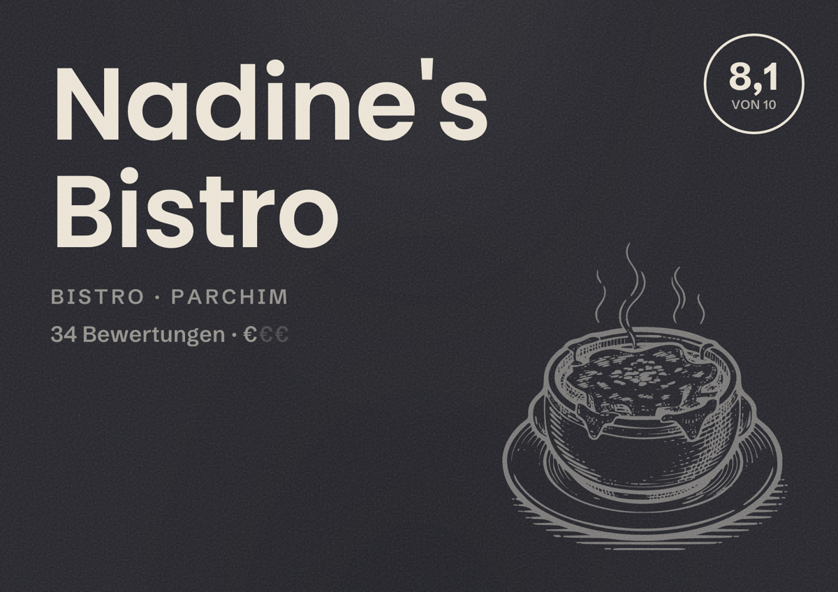 Illustriertes Poster von Nadine's Bistro, Bistro in Parchim: Bewertung 8,1 von 10 aus 34 Bewertungen, Preisniveau €