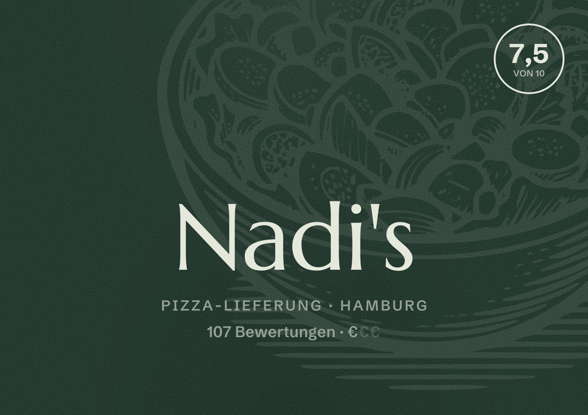 Illustriertes Poster von Nadi's, Pizza-Lieferung in Hamburg: Bewertung 7,5 von 10 aus 107 Bewertungen, Preisniveau €