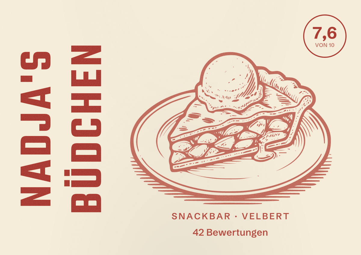 Illustriertes Poster von Nadja's Büdchen, Snackbar in Velbert: Bewertung 7,6 von 10 aus 42 Bewertungen