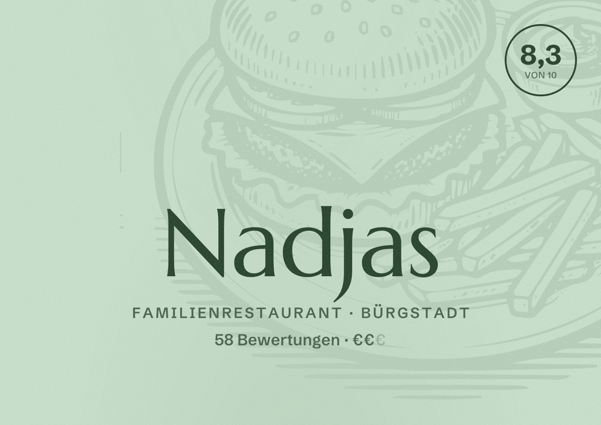 Illustriertes Poster von Nadjas, Familienrestaurant in Bürgstadt: Bewertung 8,3 von 10 aus 58 Bewertungen, Preisniveau €€