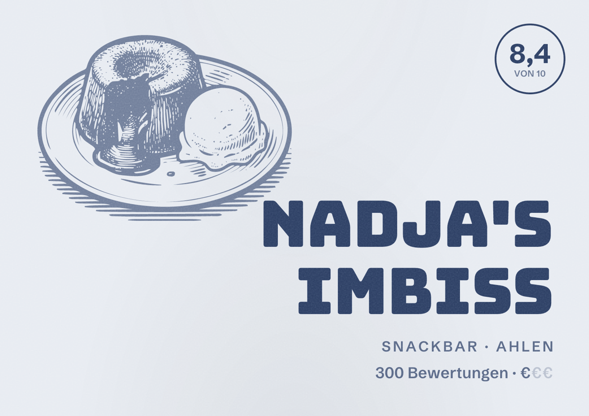 Illustriertes Poster von Nadja's Imbiss, Snackbar in Ahlen: Bewertung 8,4 von 10 aus 300 Bewertungen, Preisniveau €