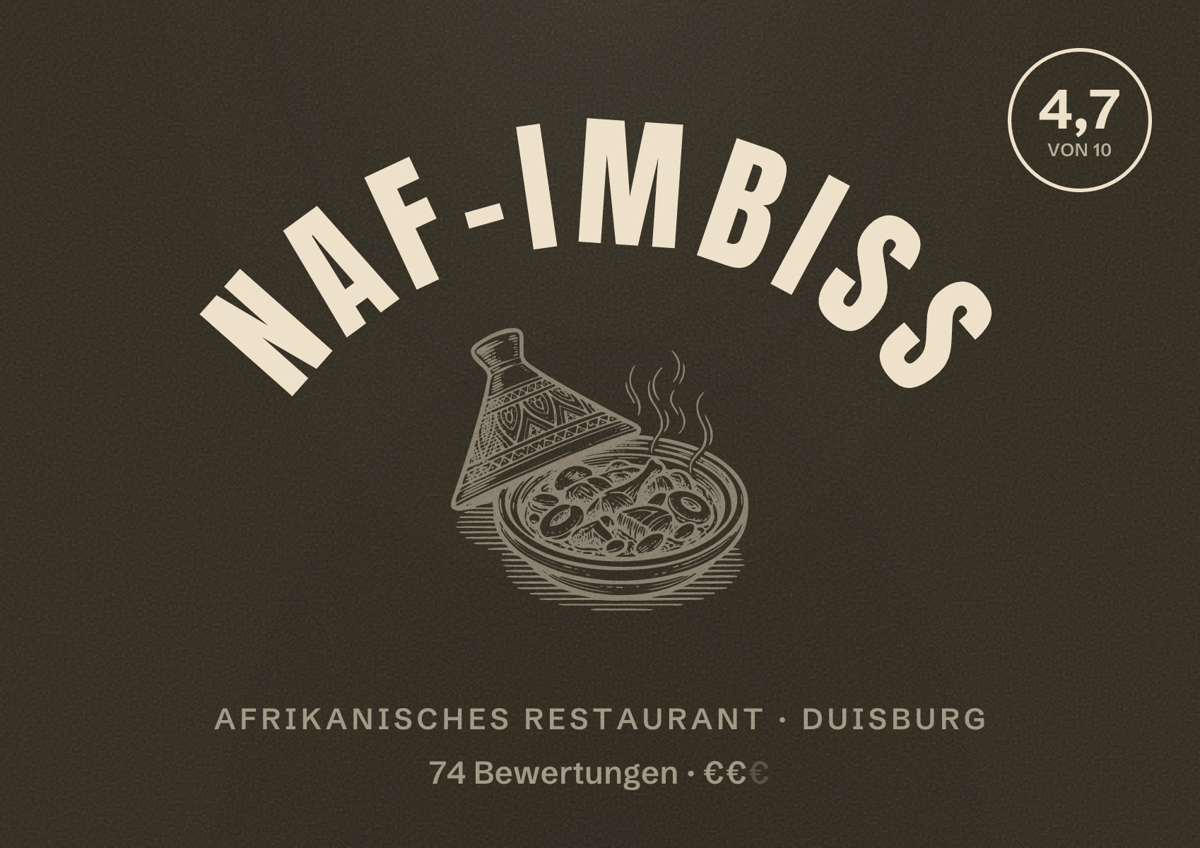 Illustriertes Poster von Naf-Imbiss, Afrikanisches Restaurant in Duisburg: Bewertung 4,7 von 10 aus 74 Bewertungen, Preisniveau €€