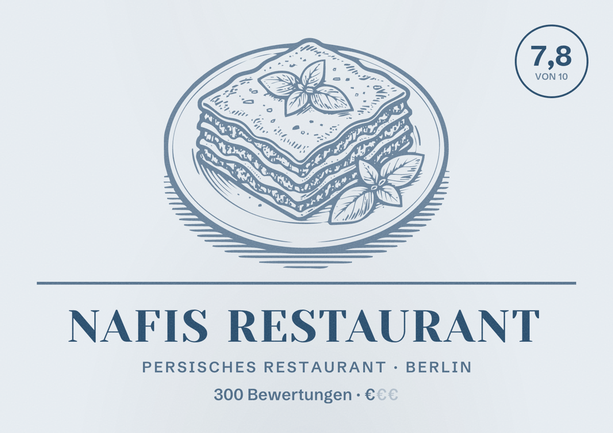 Illustriertes Poster von Nafis Restaurant, Persisches Restaurant in Berlin: Bewertung 7,8 von 10 aus 300 Bewertungen, Preisniveau €