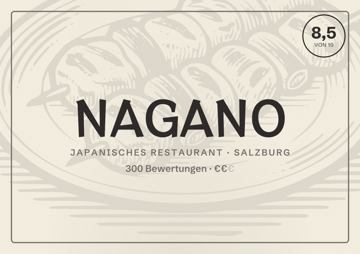 Illustriertes Poster von NAGANO, Japanisches Restaurant in Salzburg: Bewertung 8,5 von 10 aus 300 Bewertungen, Preisniveau €€