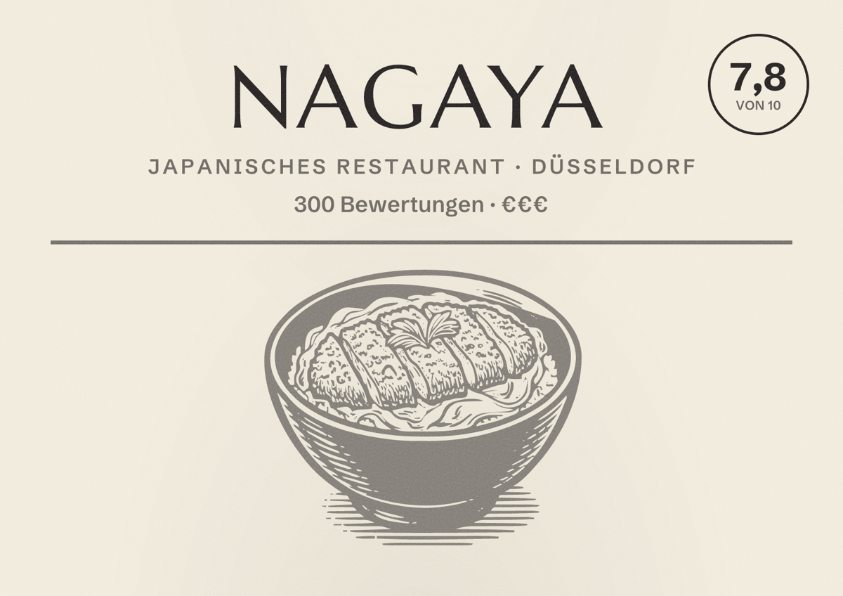 Illustriertes Poster von Nagaya, Japanisches Restaurant in Düsseldorf: Bewertung 7,8 von 10 aus 300 Bewertungen, Preisniveau €€€