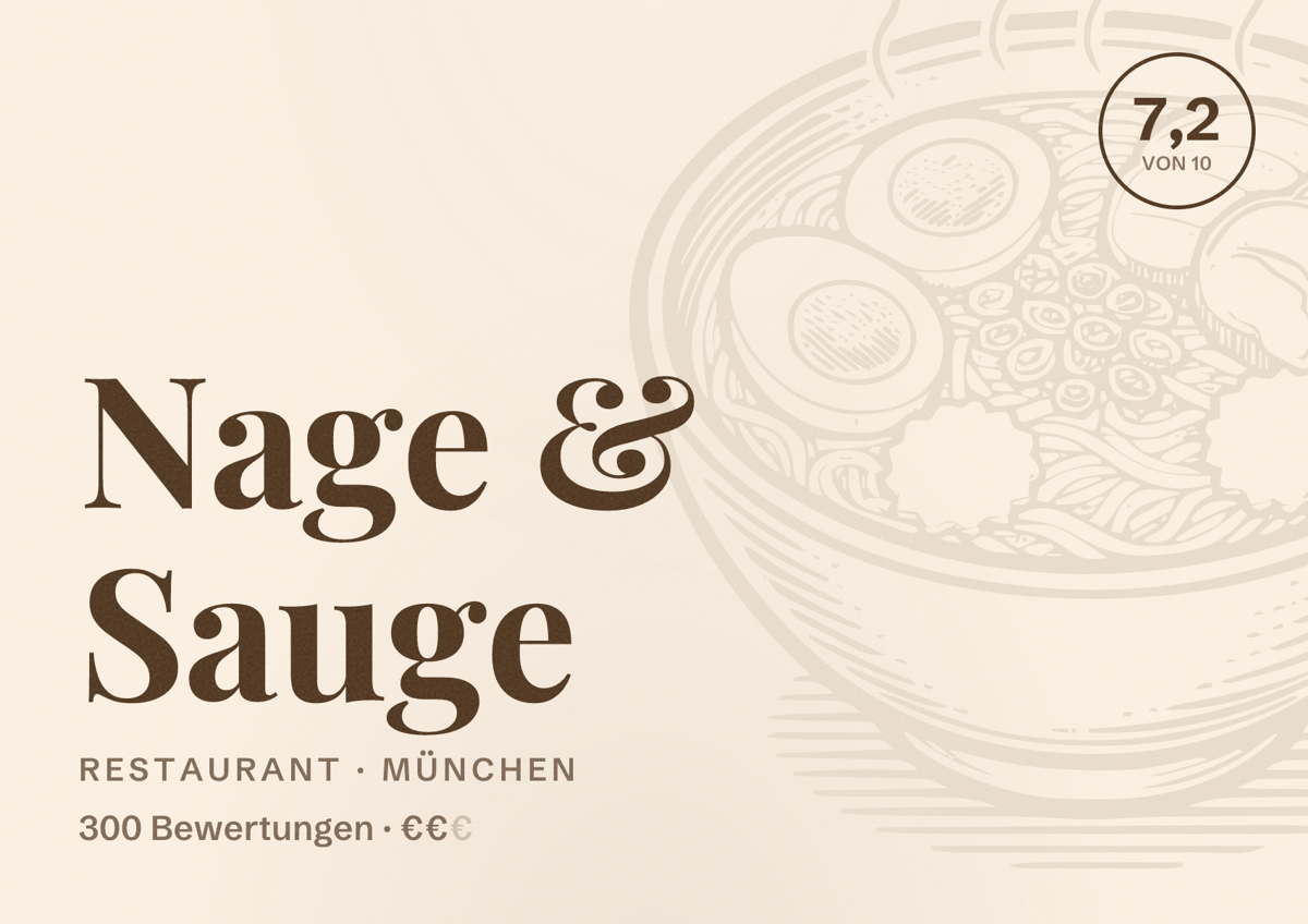 Illustriertes Poster von Nage & Sauge, Restaurant in München: Bewertung 7,2 von 10 aus 300 Bewertungen, Preisniveau €€
