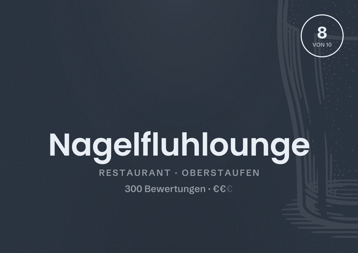 Illustriertes Poster von Nagelfluhlounge, Restaurant in Oberstaufen: Bewertung 8 von 10 aus 300 Bewertungen, Preisniveau €€