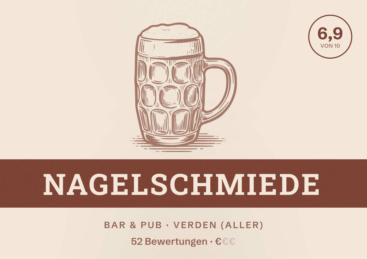 Illustriertes Poster von Nagelschmiede, Bar & Pub in Verden (Aller): Bewertung 6,9 von 10 aus 52 Bewertungen, Preisniveau €