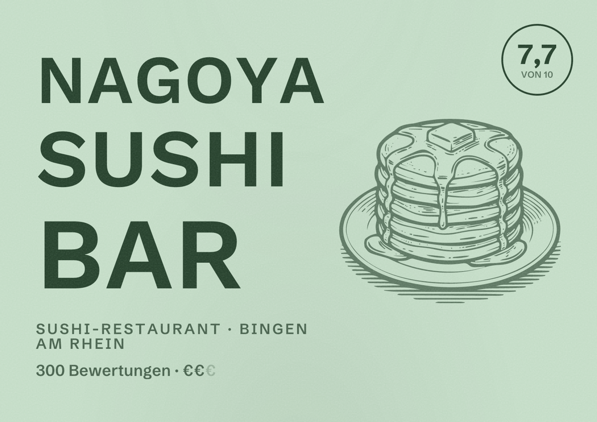Illustriertes Poster von Nagoya Sushi Bar, Sushi-Restaurant in Bingen am Rhein: Bewertung 7,7 von 10 aus 300 Bewertungen, Preisniveau €€