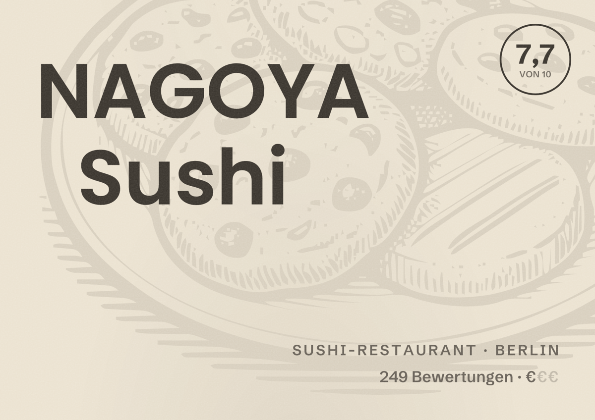 Illustriertes Poster von NAGOYA Sushi, Sushi-Restaurant in Berlin: Bewertung 7,7 von 10 aus 249 Bewertungen, Preisniveau €