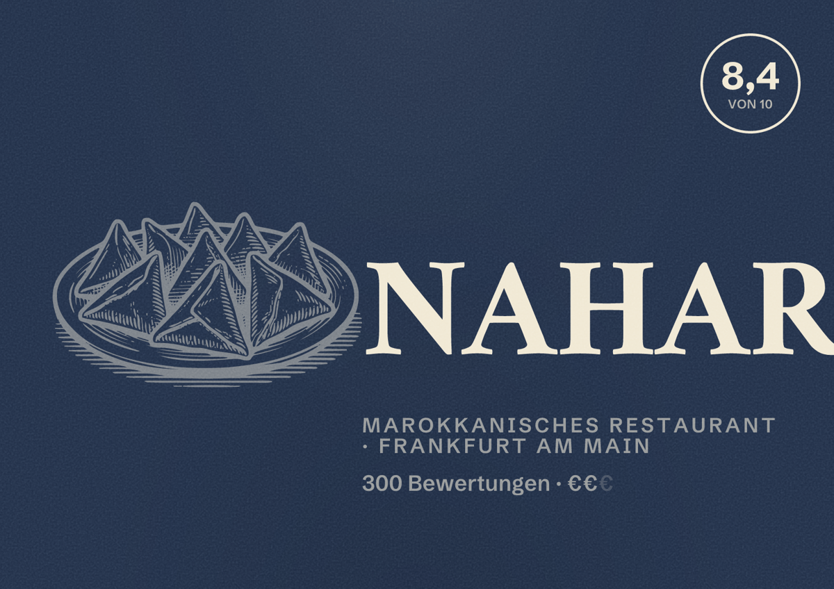 Illustriertes Poster von NAHAR, Marokkanisches Restaurant in Frankfurt am Main: Bewertung 8,4 von 10 aus 300 Bewertungen, Preisniveau €€