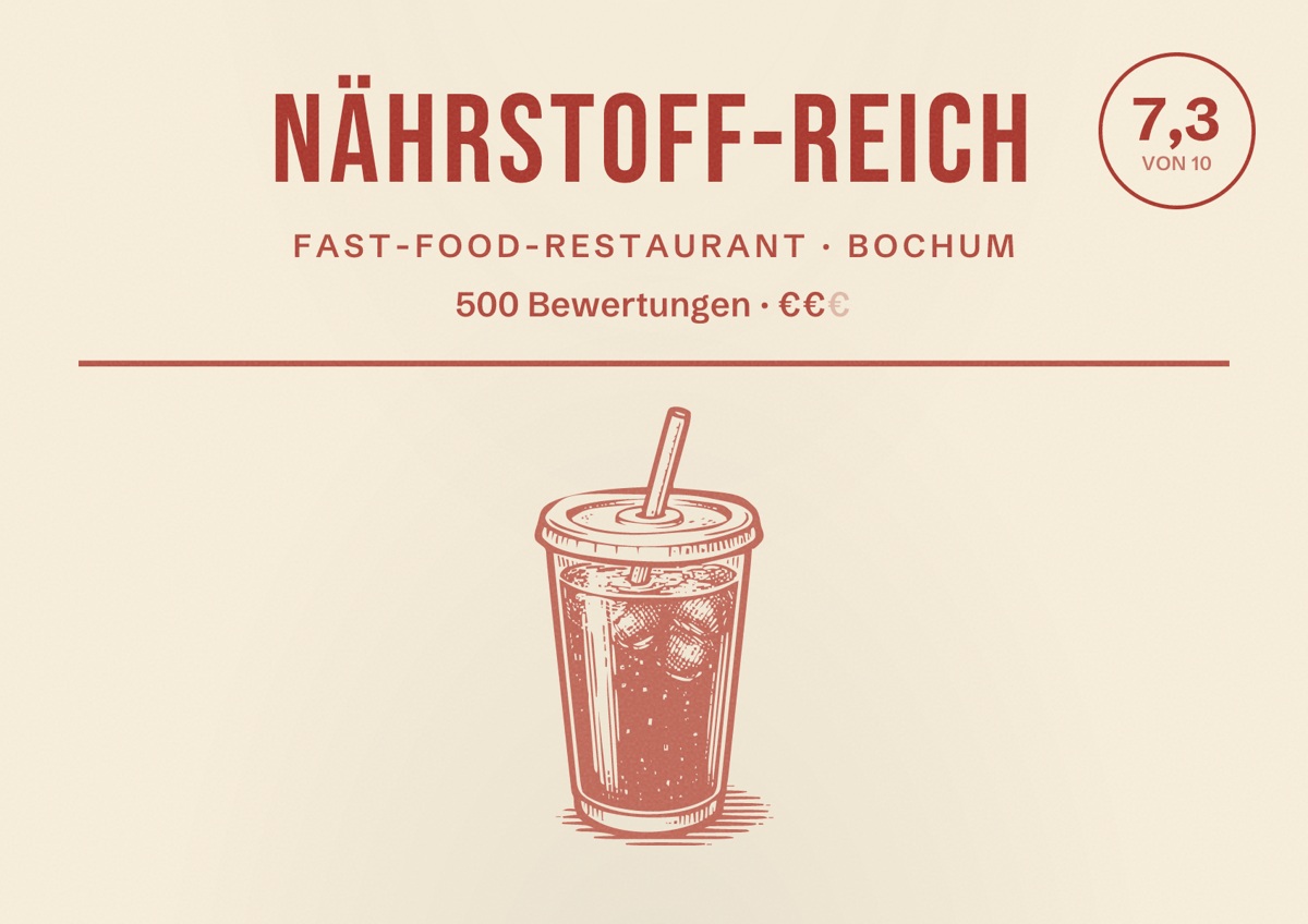 Illustriertes Poster von Nährstoff-Reich, Fast-Food-Restaurant in Bochum: Bewertung 7,3 von 10 aus 500 Bewertungen, Preisniveau €€