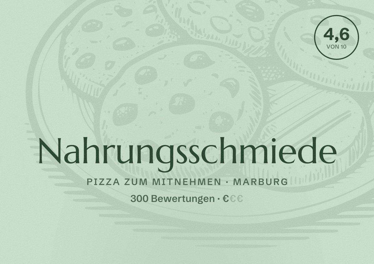 Illustriertes Poster von Nahrungsschmiede, Pizza zum Mitnehmen in Marburg: Bewertung 4,6 von 10 aus 300 Bewertungen, Preisniveau €